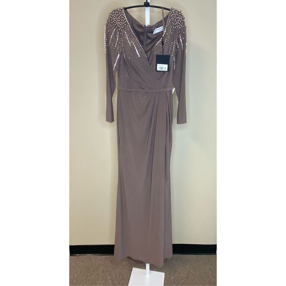 Mac Duggal NWT Faux Wrap Jersey Gown w/Embellished Accents in Mocha Size 2 - Picture 4 of 7